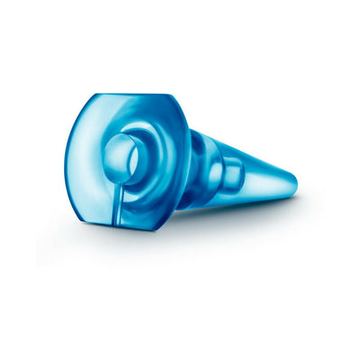 Blue tapered anal plug with wide base and central hole for accessory attachment, designed for beginner comfort.