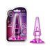 Blush B Yours Basic Anal Plug in translucent purple with tapered shape and flared base, shown in packaging and alone.