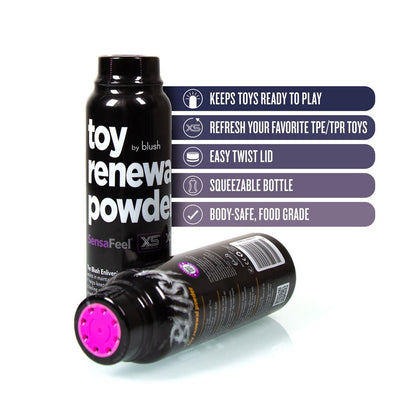 Two black bottles of Blush Toy Renewal Powder with purple twist lids, highlighting features like body-safe formula and easy application.
