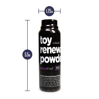 Black 3.4 oz bottle of Blush Toy Renewal Powder with product dimensions and white text label
