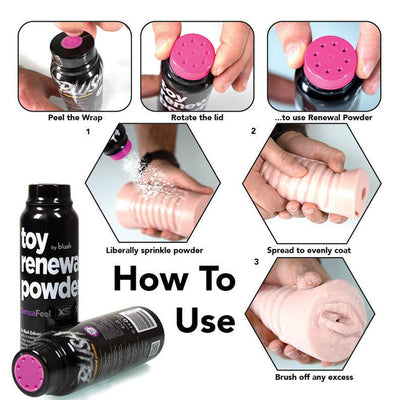 Instructional image showing how to use Blush Toy Renewal Powder with peel wrap, twist lid, sprinkle powder, spread evenly, and brush off excess steps.