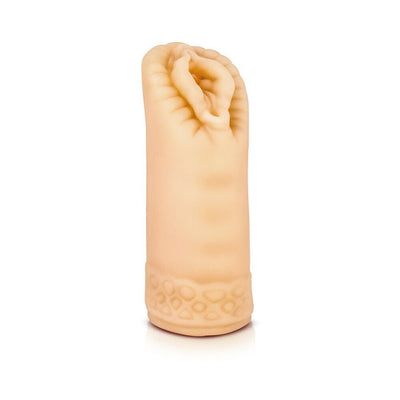 Compact natural-colored male pleasure sleeve with textured exterior and open-ended design.