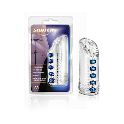 Clear textured male masturbator with blue pleasure pearls, shown in and out of retail packaging.