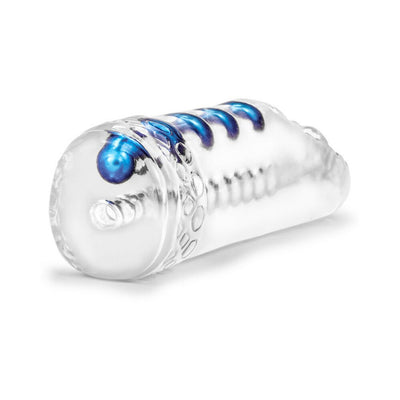 Clear textured male masturbator with blue internal pleasure beads and ribbed design.