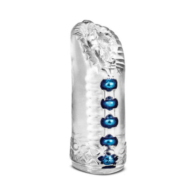 Clear textured male masturbator sleeve with five blue internal pleasure beads and ribbed tunnel design.