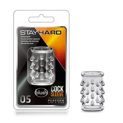 Clear Blush Stay Hard cock sleeve with textured ticklers, shown in packaging and separately.