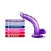 Purple realistic curved dildo with suction cup base and features list including body safe, fragrance free, latex free, soft feel, and harness compatible.