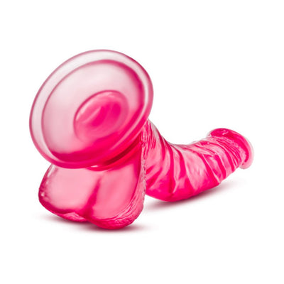 Translucent pink realistic dildo with suction cup base and detailed texture, curved for targeted stimulation.