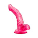 Curved translucent pink realistic dildo with suction cup base standing upright on white background.