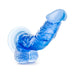 Blue realistic dildo with suction cup base and detailed texture, curved for targeted stimulation.