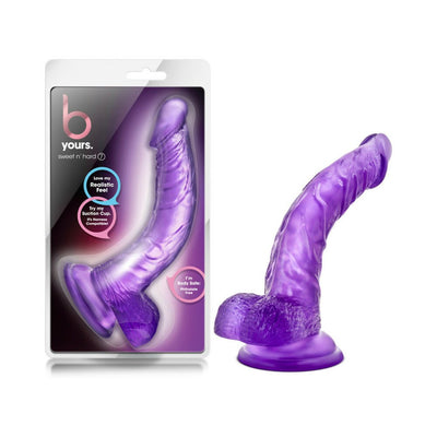 Purple realistic curved dildo with suction cup base shown in and out of packaging.
