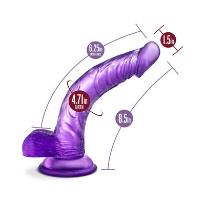 Purple realistic curved dildo with suction base showing dimensions and girth measurements.