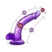 Purple realistic curved dildo with suction base showing dimensions and girth measurements.