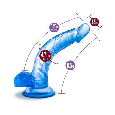 Blue realistic curved dildo with suction cup base and size measurements displayed.