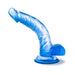 Translucent blue curved dildo with suction cup base standing upright on white background