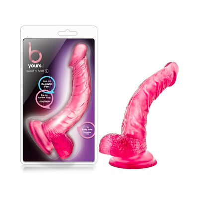 Purple realistic curved dildo with suction cup base shown in and out of packaging.