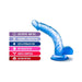 Blue realistic curved dildo with suction cup base and features list including body safe, fragrance free, latex free, soft feel, harness compatible.