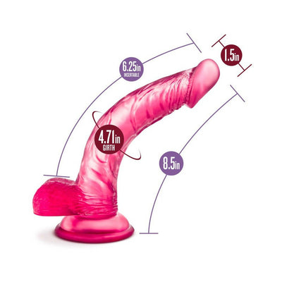 Purple realistic curved dildo with suction base, 8.5 inches length and 1.5 inches width, detailed texture and measurements shown.