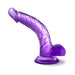 Purple realistic curved dildo with suction cup base for hands-free use and versatile play.
