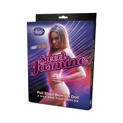 Packaging of Blush X5 Men Sweet Jasmine full-size inflatable doll with neon-style text and image of a woman on the front.