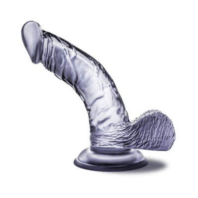 Purple translucent realistic dildo with suction cup base and curved design for targeted stimulation.