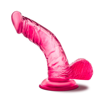 Purple translucent curved dildo with textured base and suction cup for hands-free use.