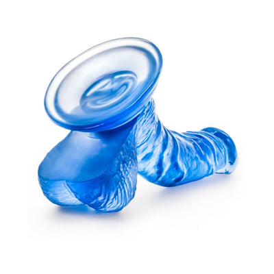 Blue translucent realistic dildo with suction cup base and textured shaft, designed for versatile hands-free use.