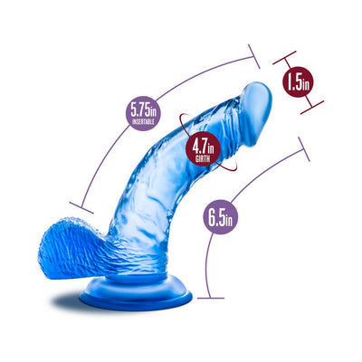 Blue realistic dildo with suction cup base showing measurements for length, insertable length, girth, and width.