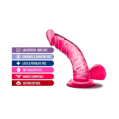 Purple realistic curved dildo with suction cup base and textured details, shown with key features listed alongside.