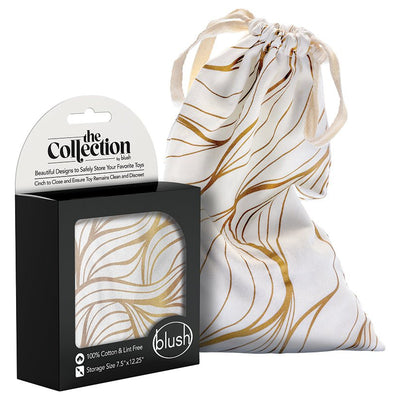 Blush The Collection Embrace Toy Bag in white with gold abstract lines, featuring a drawstring closure and packaging box.