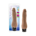 Realistic brown dual-density vibrator with multispeed vibrations shown in and out of packaging.