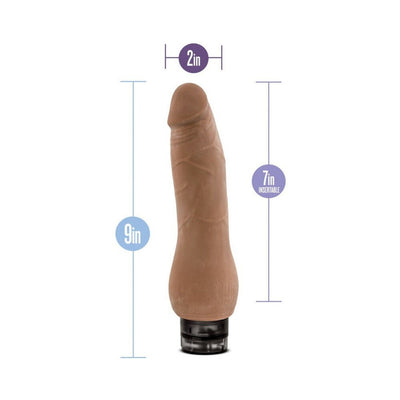 Realistic brown vibrator with detailed texture, measuring 9 inches long and 2 inches wide, with 7 inches insertable length.