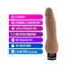Realistic brown vibrator with multispeed vibrations and waterproof design, highlighting key features in colorful text bars.