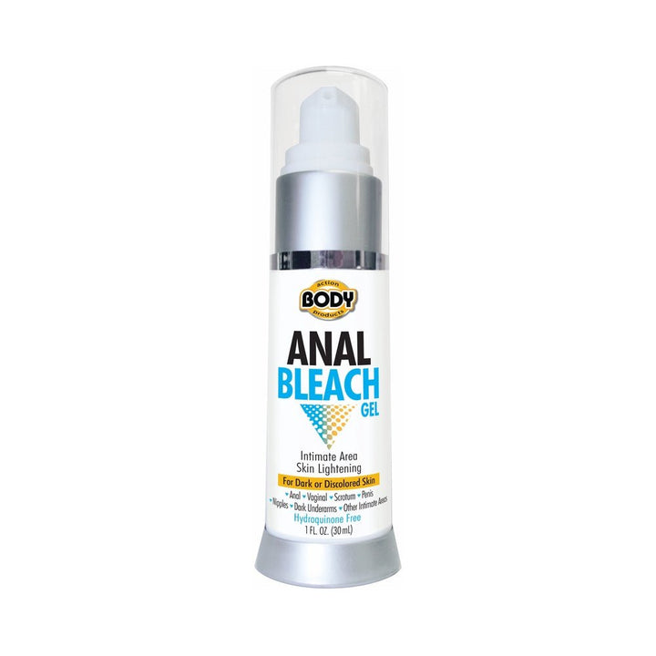 Body Action Anal Bleach Gel 1 oz bottle with pump dispenser for intimate area skin lightening, hydroquinone free formula.