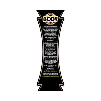 Back label of Body Action Xtreme Glide 8.5 oz silicone-based lubricant with usage instructions and ingredients.