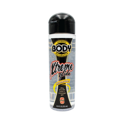 Clear 8.5 oz bottle of Body Action Xtreme Glide silicone lubricant with black cap and bold label design
