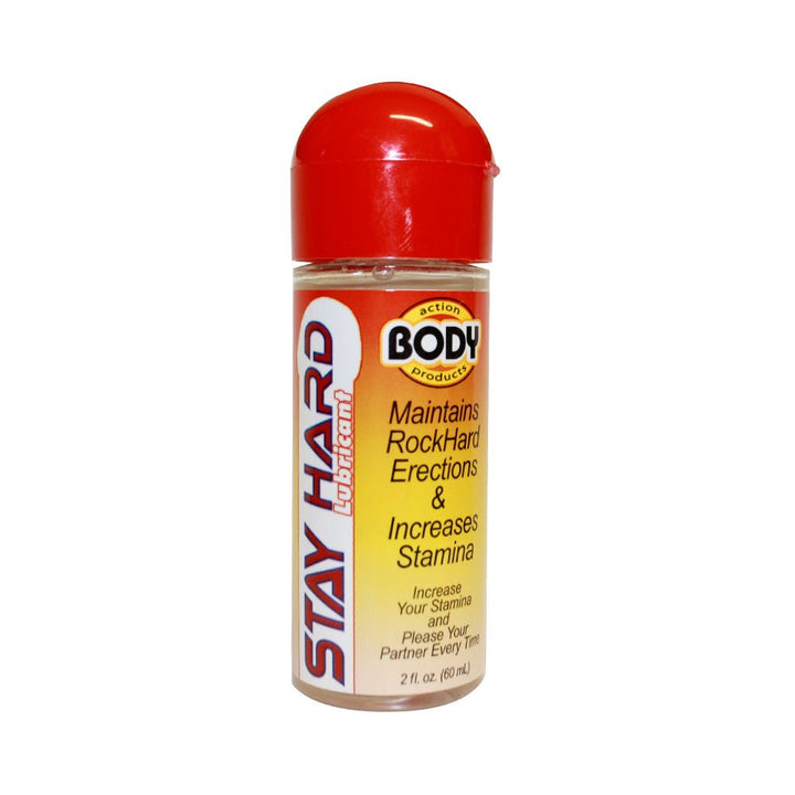 Bottle of Body Action Stayhard lubricant with red cap and label highlighting stamina and erection support benefits