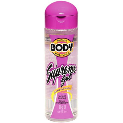 Clear 2.3 oz bottle of Body Action Supreme water-based gel lubricant with pink cap and label.