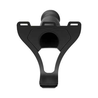 Black hollow silicone strap-on attachment with adjustable harness frame shown from front view.