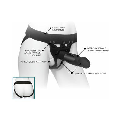 Black adjustable strap-on harness with wide elastic waistband and hollow silicone attachment shown on mannequin.