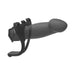 Black hollow silicone strap-on attachment with adjustable harness yoke, designed for secure fit and comfort.