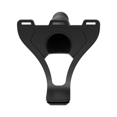 Black hollow slim dong strap-on with adjustable harness frame, front view on white background.