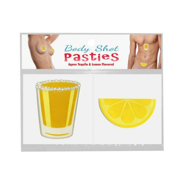Body Shot Pasties package showing edible agave tequila shot and lemon slice designs on a white background.