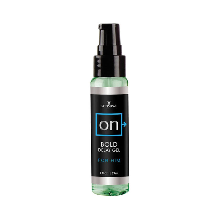 Bottle of Sensuva ON Bold Delay Gel for Him in a 1oz pump container with black and blue label.