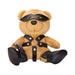 Plush teddy bear wearing black faux leather harness, boots, eye mask, and holding a small flogger accessory.