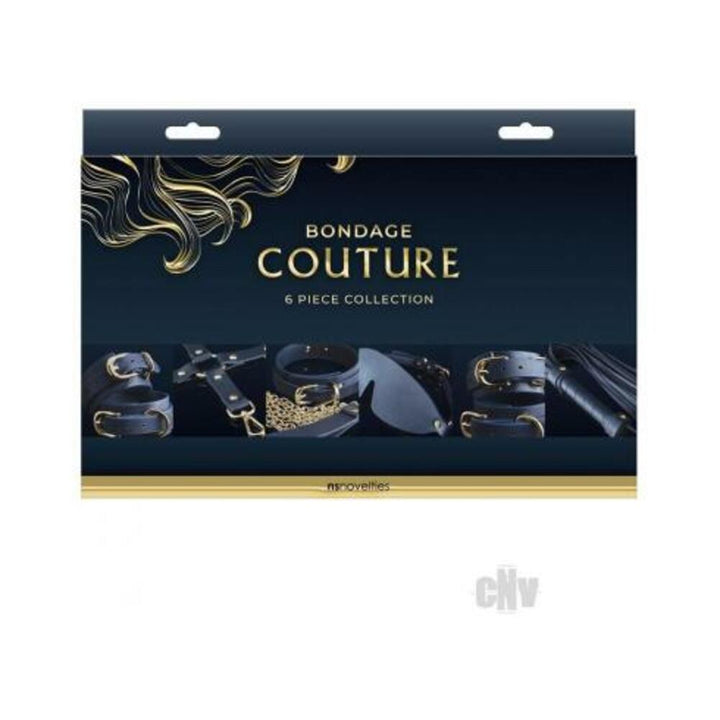 Bondage Couture 6-piece blue BDSM kit with cuffs, collar, leash, blindfold, hog-tie, and whip in elegant packaging.