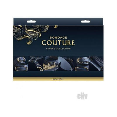Bondage Couture 6-piece blue BDSM kit with cuffs, collar, leash, blindfold, hog-tie, and whip in elegant packaging.