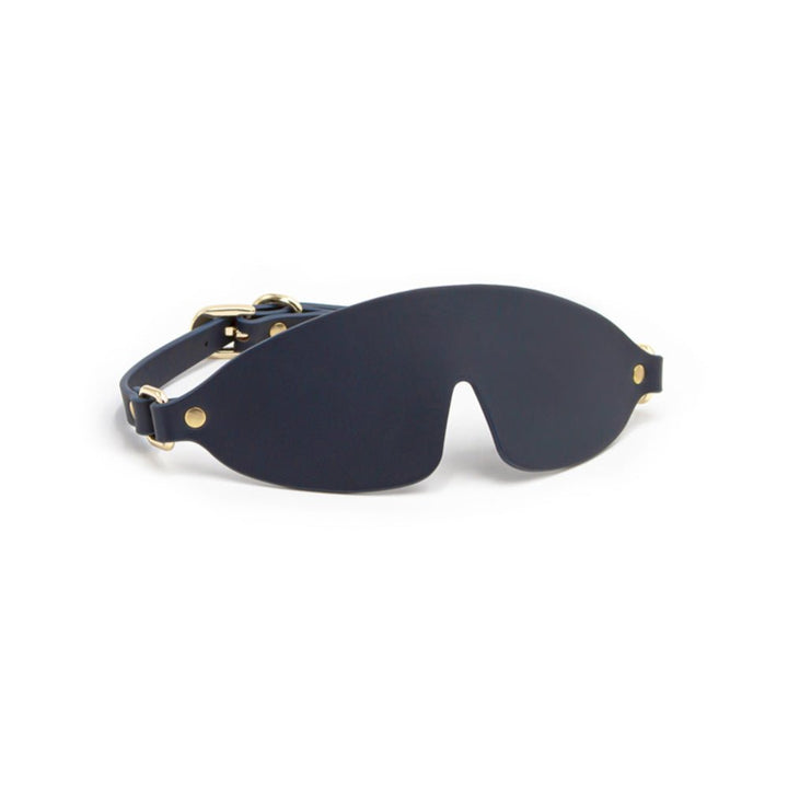 Blue vinyl blindfold with adjustable strap and gold-tone hardware from Bondage Couture collection.