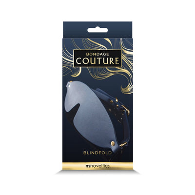 Blue vinyl blindfold with adjustable strap displayed on elegant Bondage Couture packaging by NS Novelties.