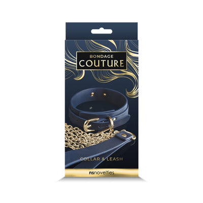 Packaging of Bondage Couture blue collar and gold chain leash set by NS Novelties with elegant black and gold design.